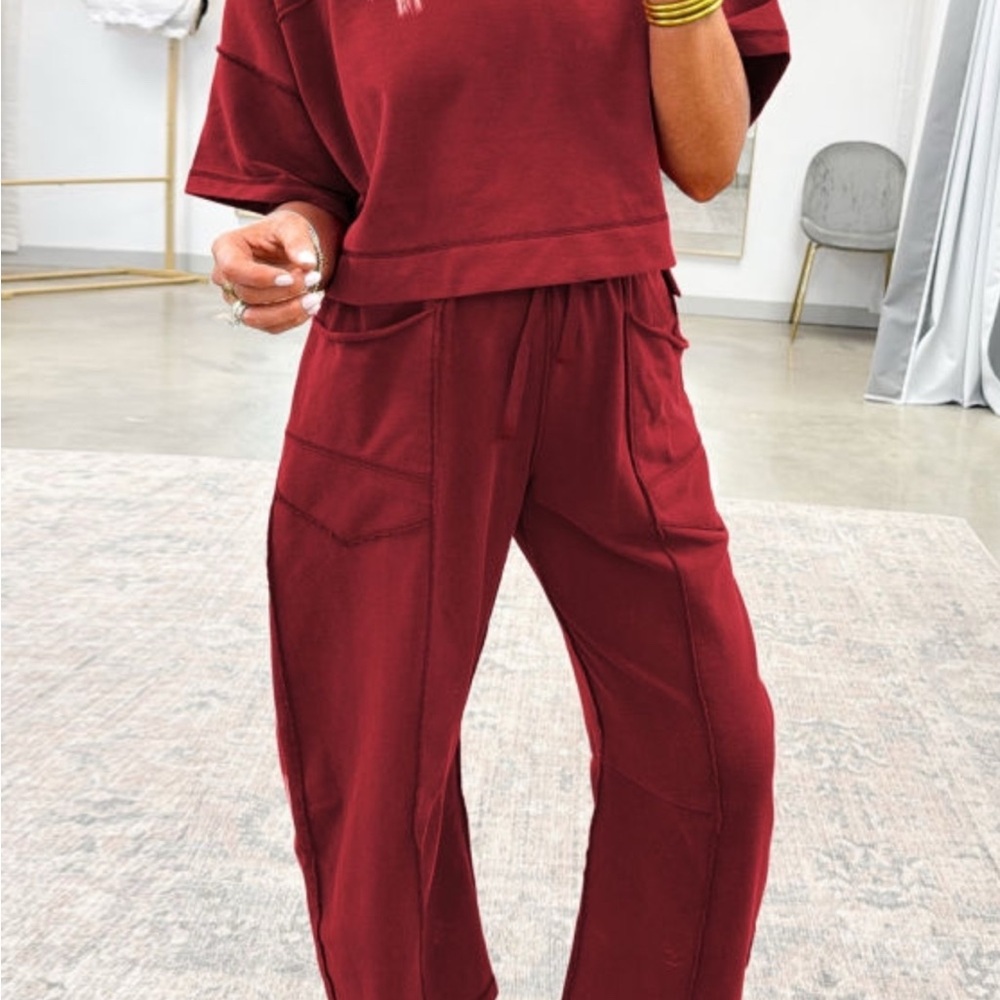 Top and Pant Set! Relaxed Drawstring Wide-Leg Pants in Burgundy/Maroon